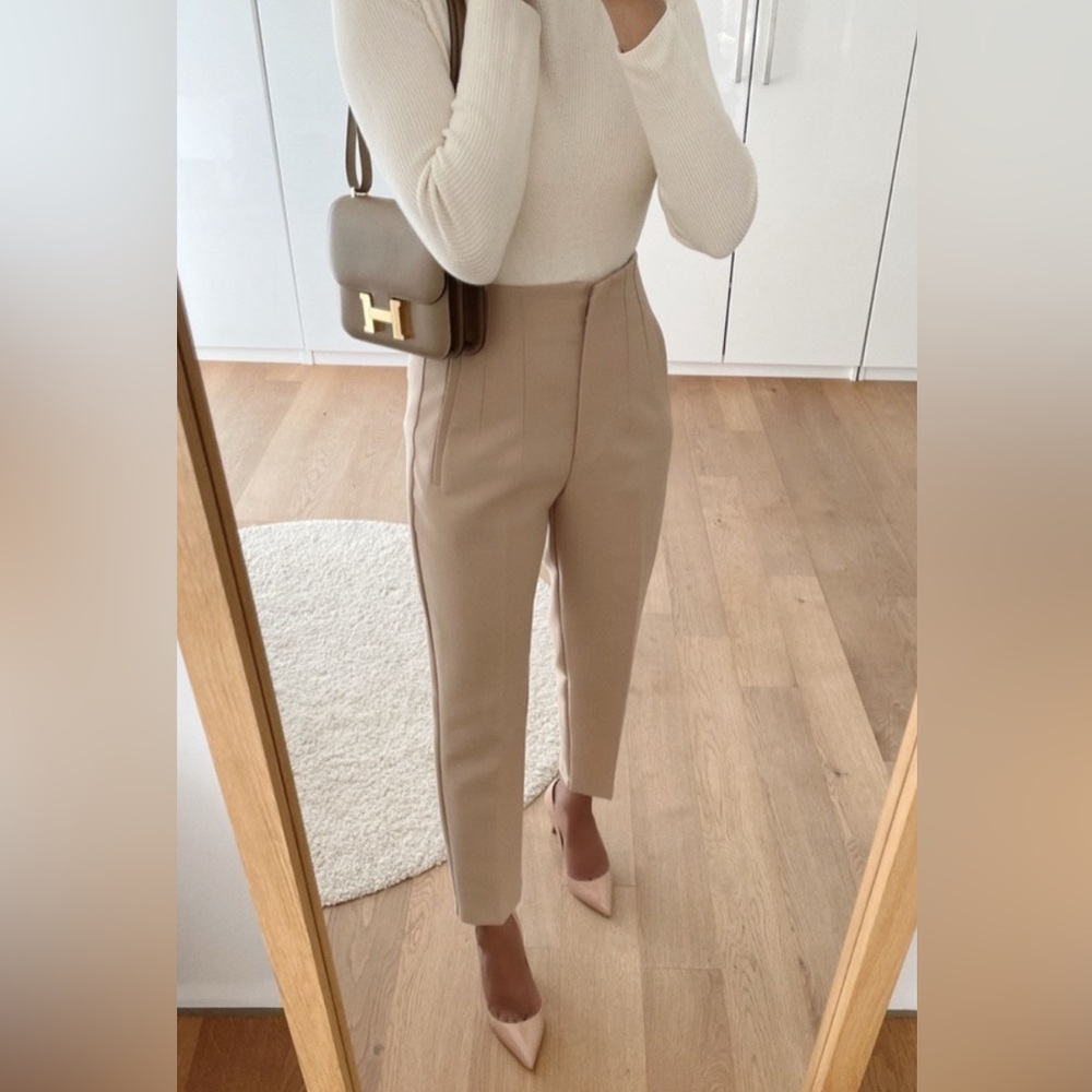 Zara Beige High-Waist Tailored Trousers
